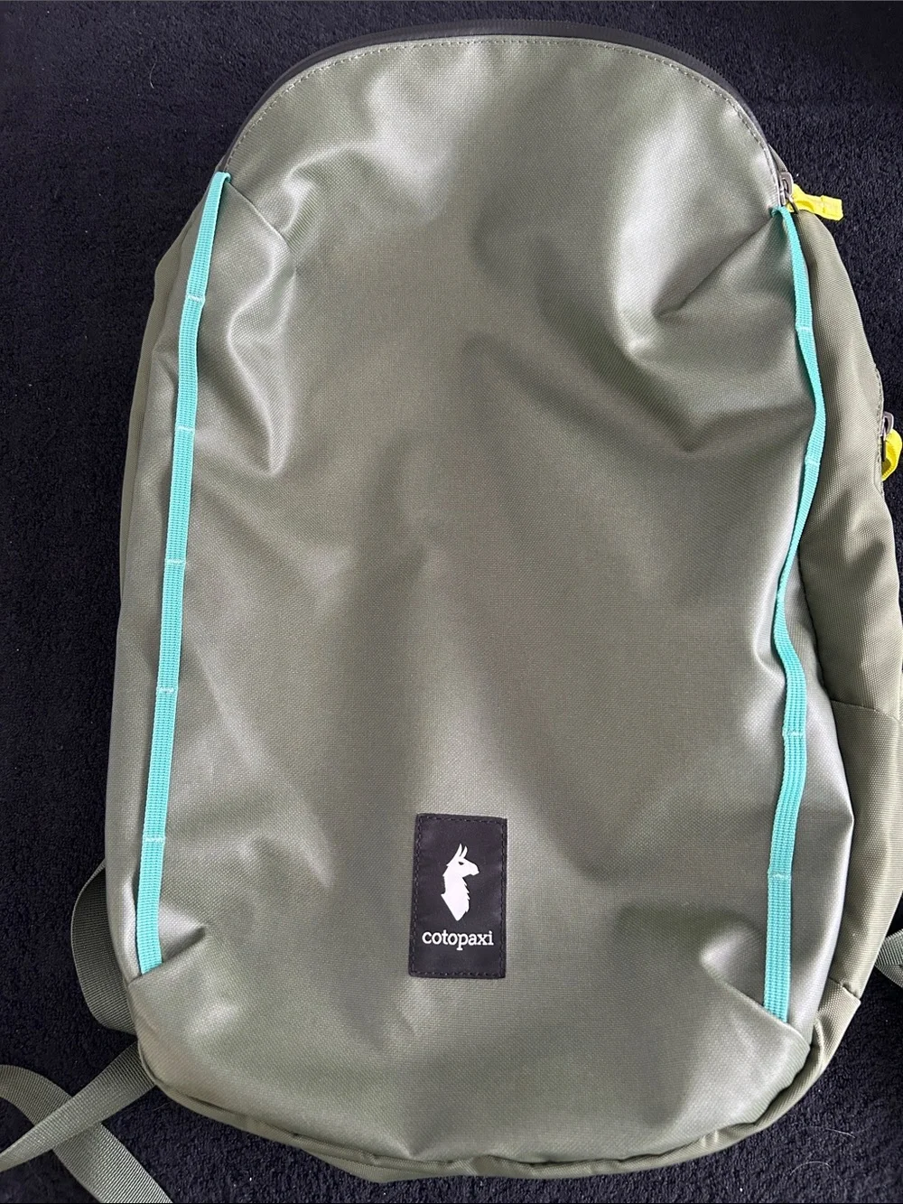 cotopaxi Olive Backpack with Teal Trim and Yellow Pulls